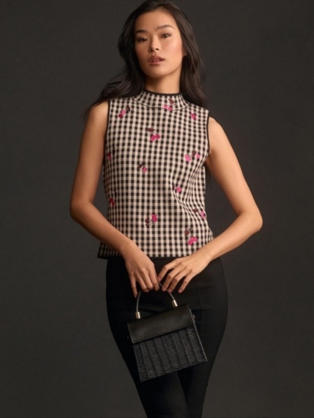 Maeve Anthropologie Gingham Cherry Embroidered Mock Neck Sweater Tank Xxs